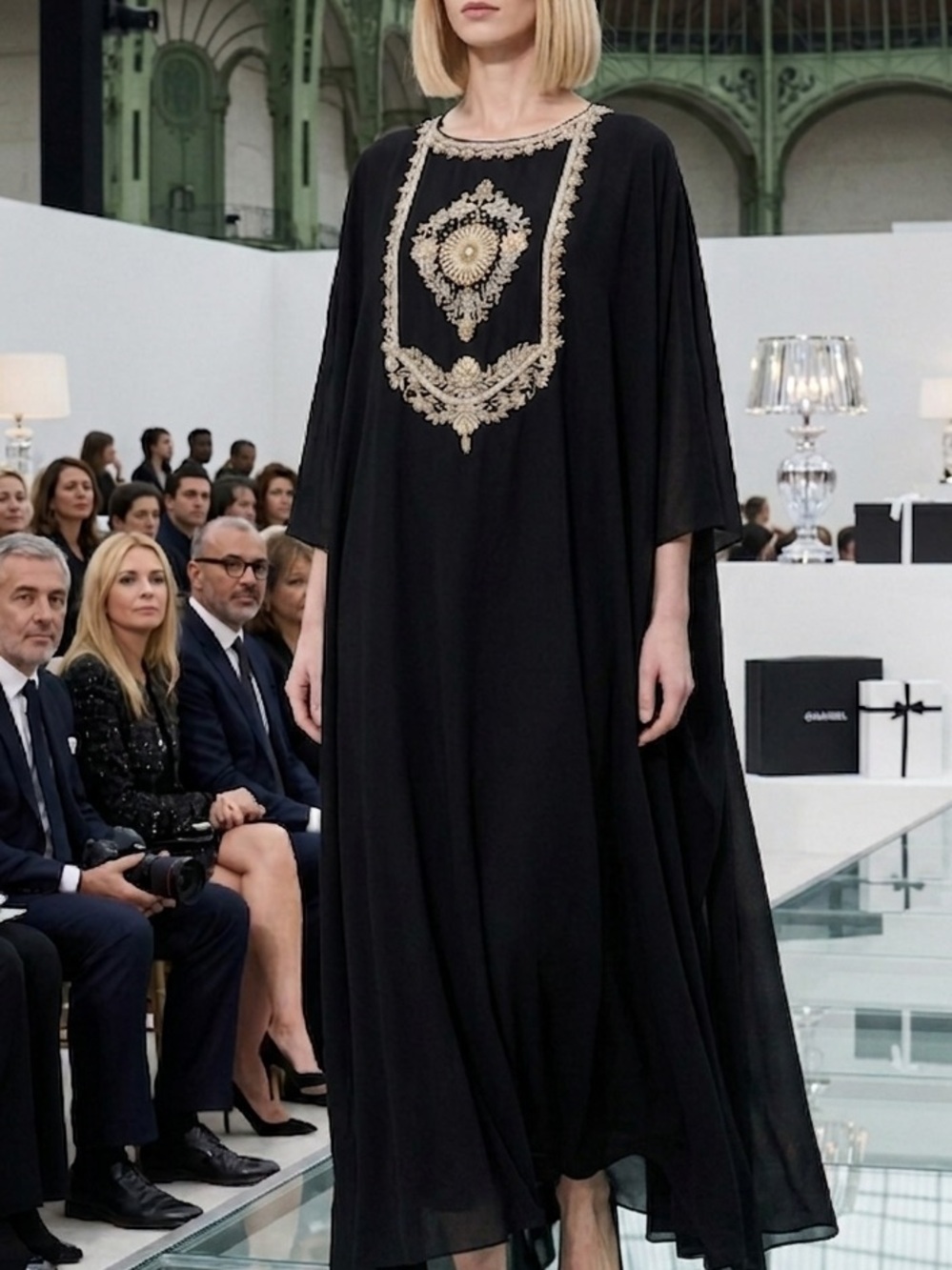 Black Embroidered Maxi Dress with Gold Accent- Kaftan Style